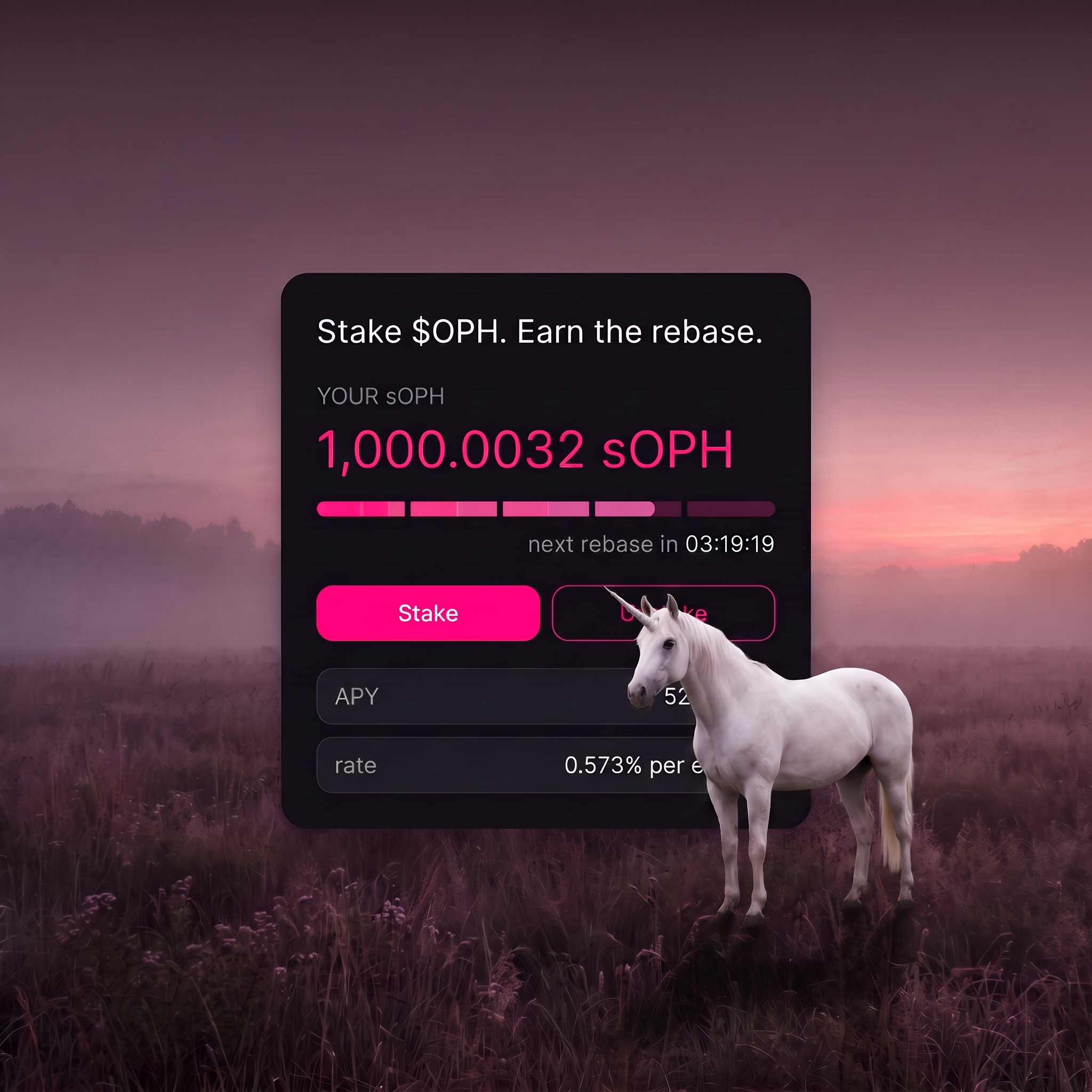 Stake $OPHION panel over the pink meadow